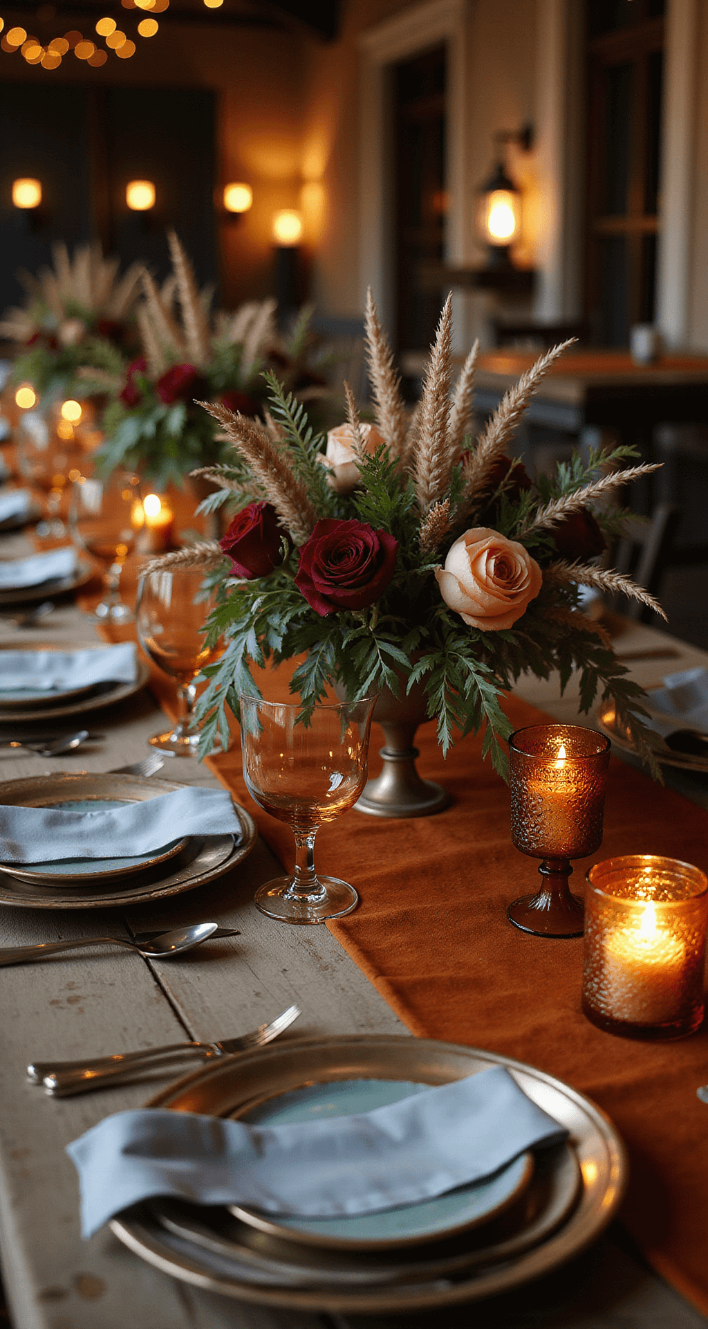 Fall Wedding Decor: Create Warm, Romantic Magic With Seasonal Style Intimate fall wedding reception tablescape with terracotta velvet runner, low floral centerpiece of burgundy roses and wheat, clustered amber glass candle holders, delicate ceramic place settings with blue accents, and soft background with fairy lights and lanterns.