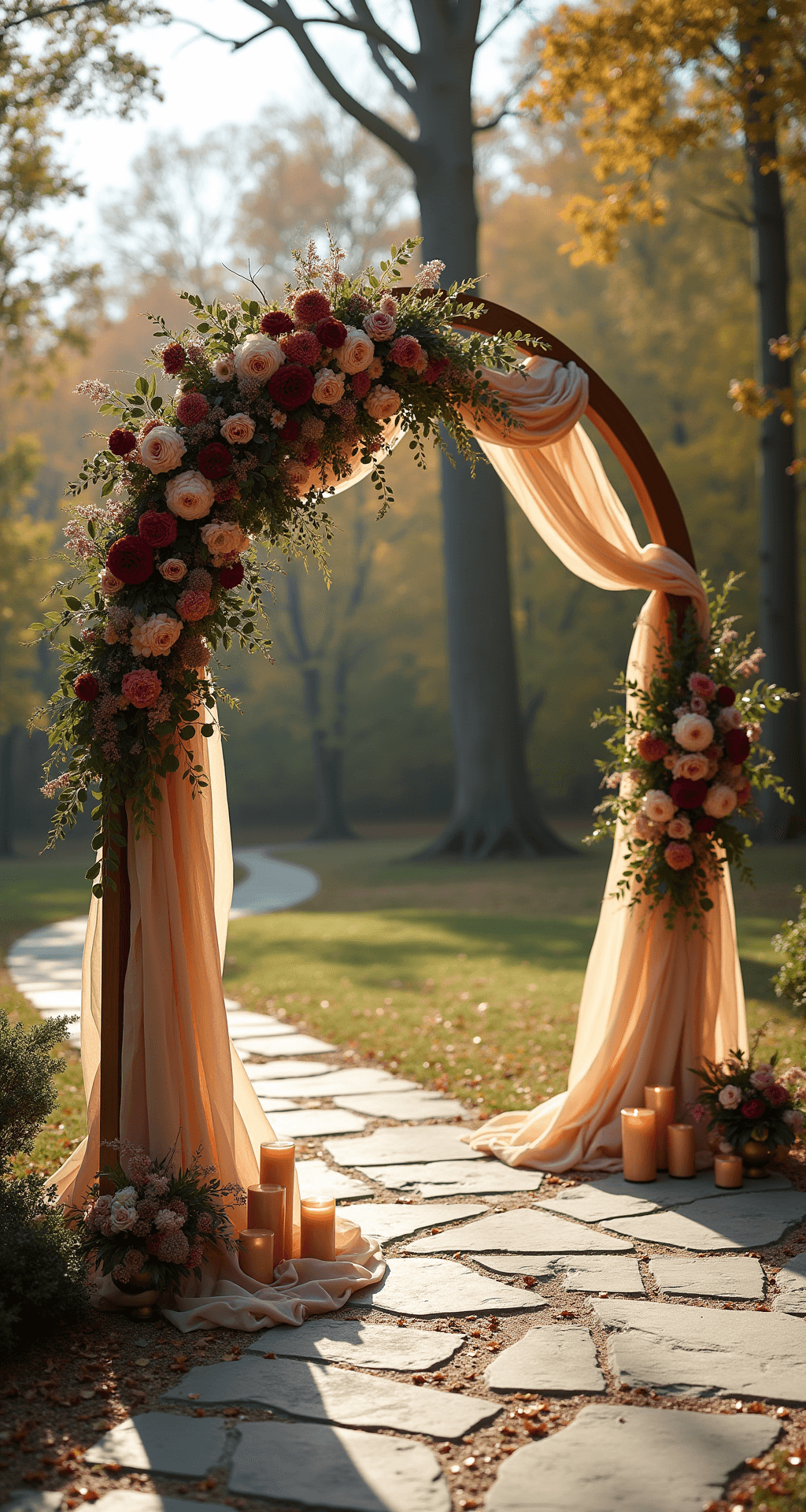 Fall Wedding Decor: Create Warm, Romantic Magic With Seasonal Style Outdoor fall wedding ceremony with a circular wooden arch draped in champagne fabric and adorned with deep plum dahlias, blush ranunculus, and cascading greenery, surrounded by varying heights of candles in antique brass holders, set on a natural stone pathway scattered with autumn leaves.