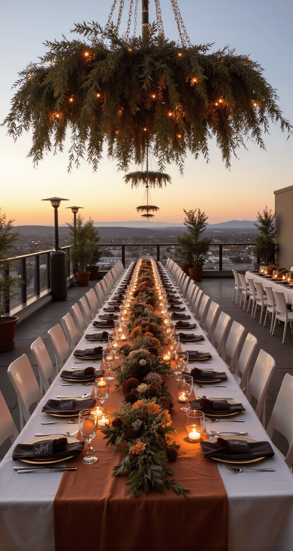 Fall Wedding Decor: Create Warm, Romantic Magic With Seasonal Style A beautifully decorated rooftop fall wedding reception at sunset, featuring long farm tables draped in rust and ivory linens, adorned with jewel-toned florals, suspended dried botanicals, fairy lights, elegant place settings, and soft candlelight.