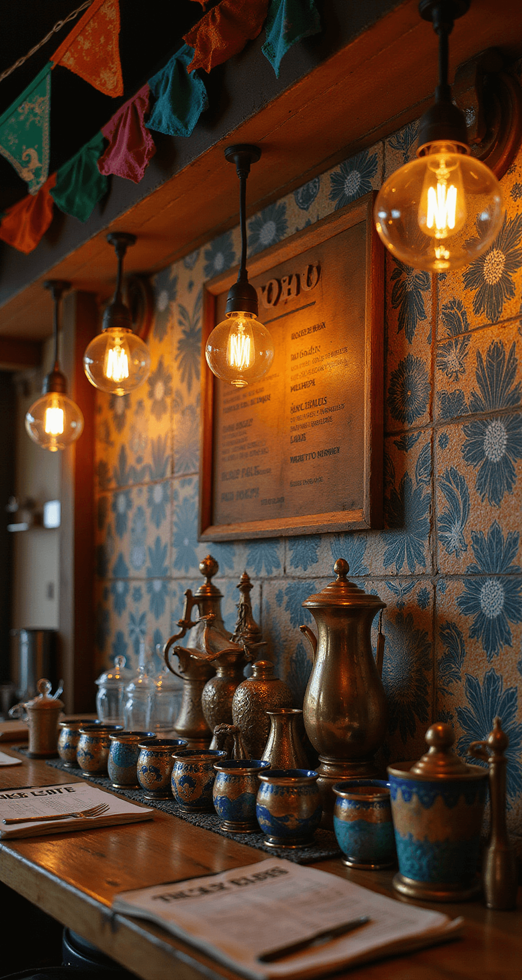 Hacienda Wedding Decor: Creating That Magical Mexican Fiesta Vibe Your Guests Won't Forget Intimate bar area featuring hand-painted Mexican tile, vintage brass bar tools, artfully arranged Talavera shot glasses, a custom cocktail menu on weathered wood, warm string lights, and colorful bunting flags, showcasing craftsmanship and cultural elements.