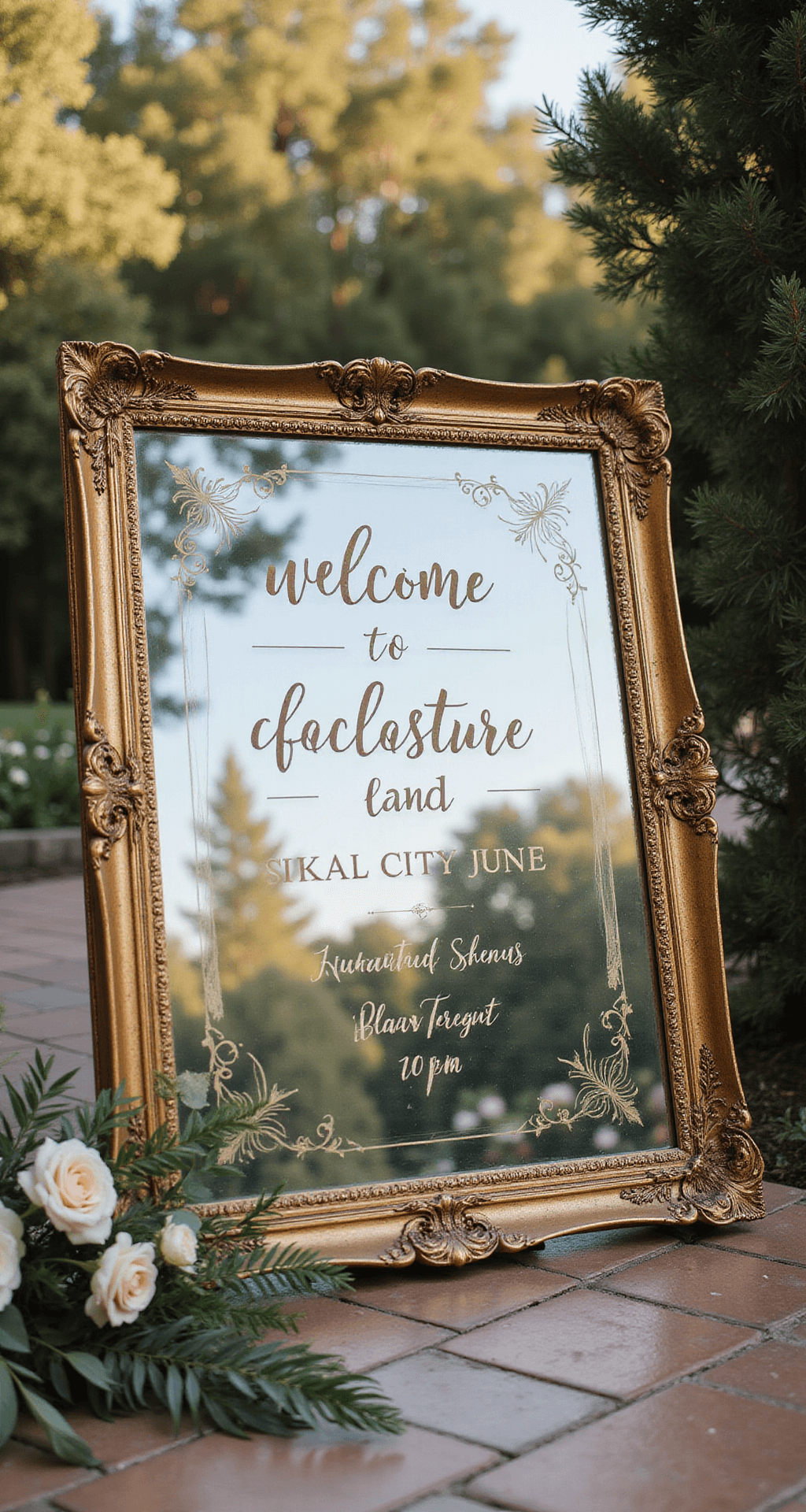 Wedding Ceremony Decorations: How to Design an Unforgettable Aisle and Backdrop A luxurious wedding welcome sign in elegant calligraphy on an antique gold-rimmed mirror, surrounded by blush pink roses and sage greenery, captured in soft natural light during golden hour.