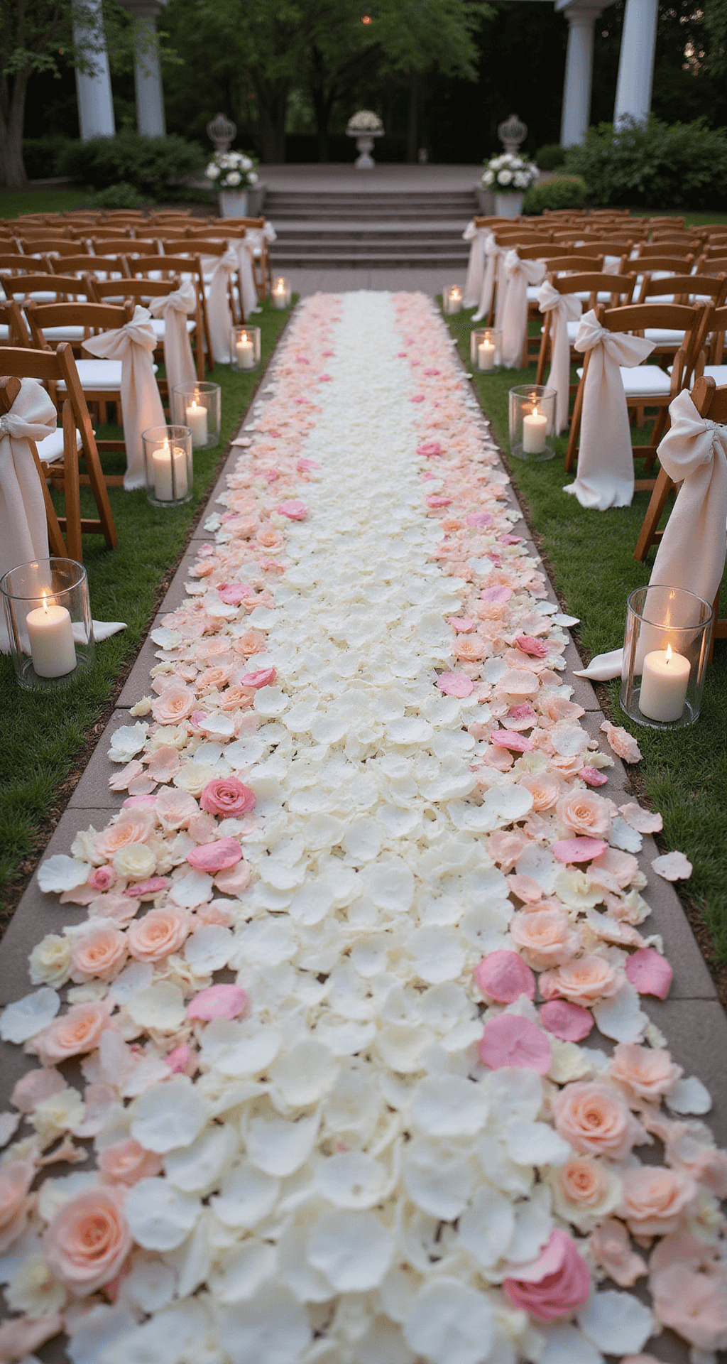 Wedding Ceremony Decorations: How to Design an Unforgettable Aisle and Backdrop An elegant wedding aisle adorned with white and blush rose petals in an ombre gradient, bordered by glass lanterns with flameless candles, featuring wooden chairs with ivory linen swags, set in a modern garden venue with natural stone pathways, captured in soft warm lighting.