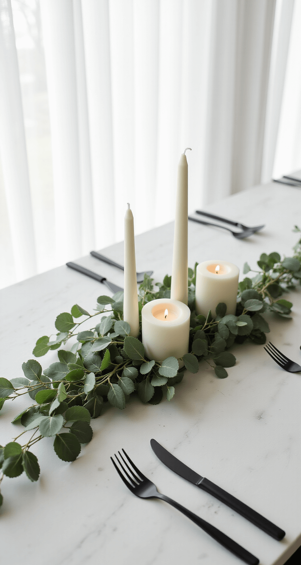 Eucalyptus Wedding Table Decor: The Greenery Game-Changer That'll Make Your Reception Unforgettable Intimate minimalist wedding table featuring a sculptural eucalyptus arrangement between three white pillar candles on a white marble surface, illuminated by soft morning light with matte black cutlery and modern place settings.
