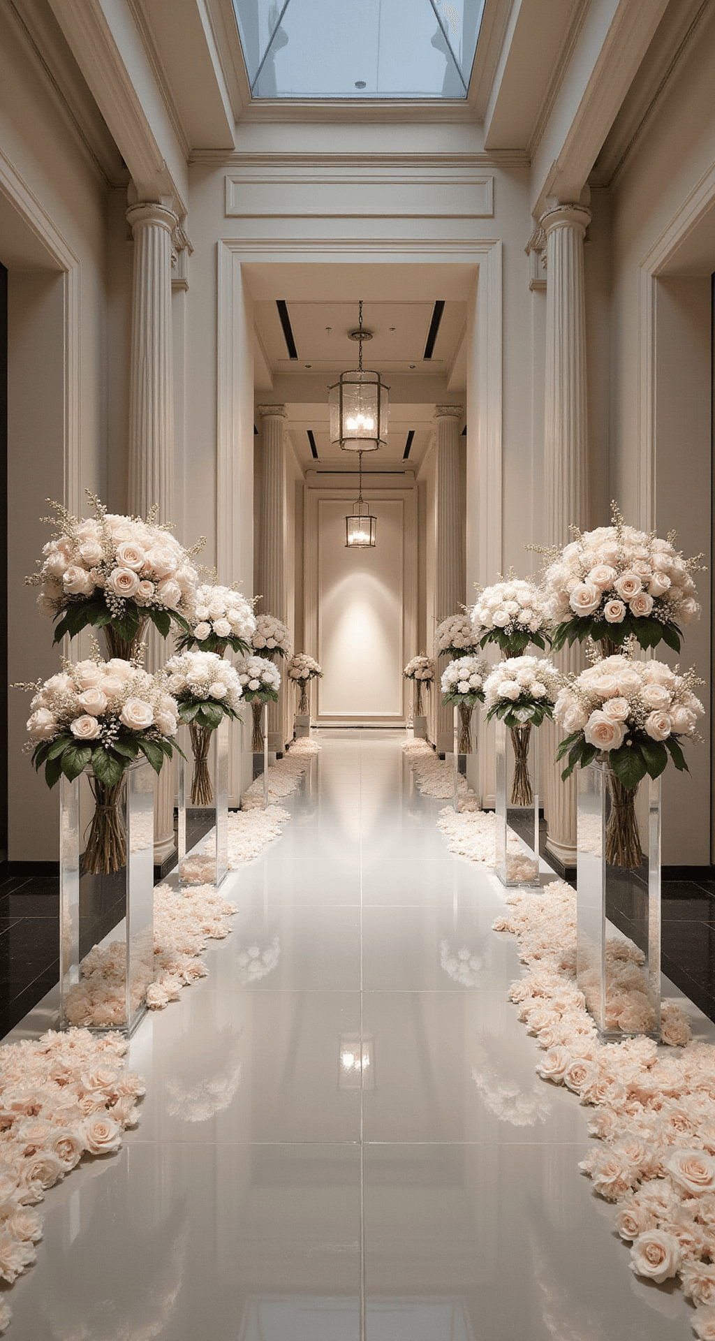 Wedding Aisle Decor Ideas: Transform Your Ceremony With These Stunning Designs A modern minimalist wedding aisle featuring mirrored floor tiles, blush and ivory floral arrangements, clear acrylic pedestals with tall white roses, geometric metallic accents, and dramatic overhead lighting, captured in a wide-angle view.