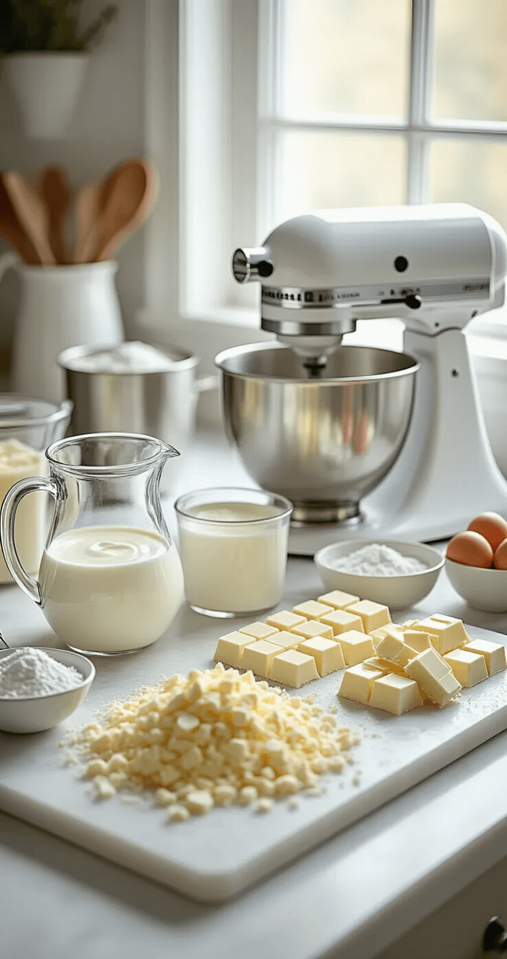 White Chocolate Mousse Cake: The Show-Stopping Dessert That's Easier Than You Think A professional kitchen scene featuring a white marble countertop with baking ingredients for white chocolate mousse cake, including finely chopped white chocolate, cold heavy cream in a glass pitcher, measuring cups, and a stand mixer, illuminated by soft natural light.