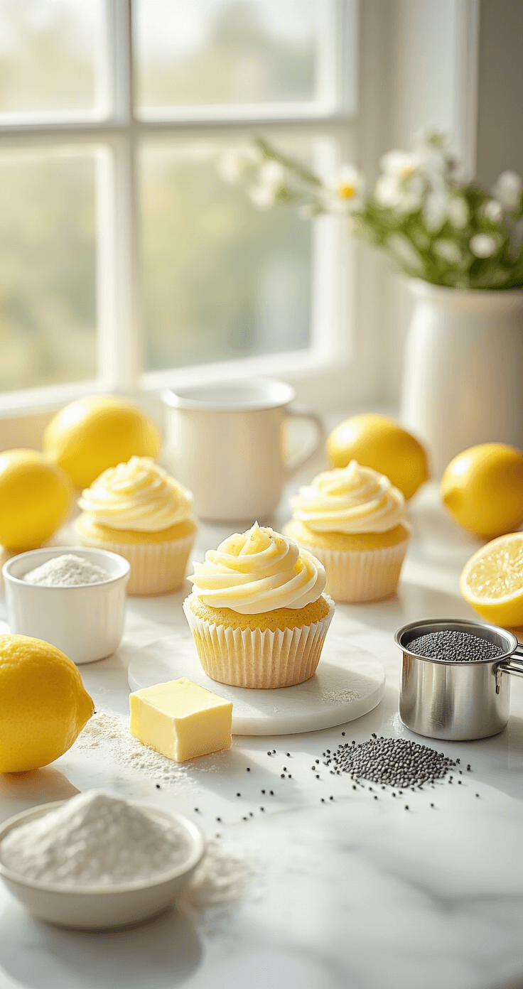 Lemon Poppy Seed Cupcakes with Lemon Curd Filling Ultra-detailed kitchen scene featuring fresh lemons, soft yellow butter, flour sifter, measuring cups, and delicate poppy seeds on a pristine white marble countertop, illuminated by soft morning light.