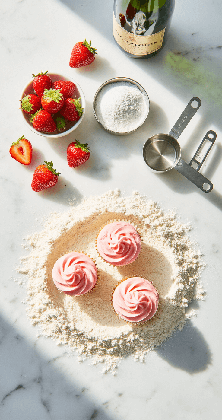 Strawberry Champagne Cupcakes: The Elegant Dessert That Actually Delivers An overhead view of a pristine kitchen counter scattered with fresh strawberries, a champagne bottle, and gleaming measuring cups, all under soft natural light on a polished marble surface.