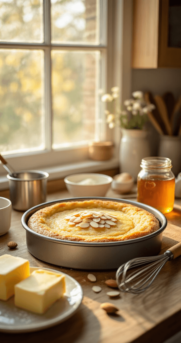 Honey Almond Cake That'll Make Your Kitchen Smell Like Heaven A warm kitchen scene featuring an 8-inch round cake pan filled with golden cake batter and sliced almonds, with scattered ingredients including softened butter, a honey jar, measuring cups, and a whisk, all bathed in soft golden light.