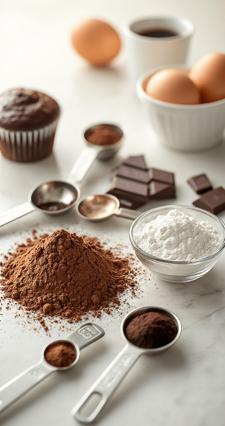 Chocolate Coffee Cupcakes: The Ultimate Recipe for Mocha Lovers Ultra-detailed close-up of a pristine kitchen counter featuring meticulously arranged chocolate cupcake ingredients, including sifted cocoa powder, espresso powder, gleaming measuring spoons, and whole eggs, all illuminated by soft morning light.