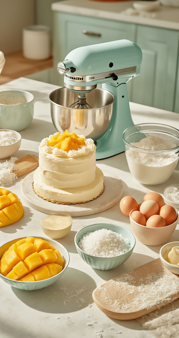 Mango Coconut Cake: The Tropical Layer Cake That'll Transport You to Paradise Cinematic overhead view of a pristine kitchen counter, featuring artfully arranged cake ingredients, a gleaming stand mixer, fresh mango slices, and shredded coconut in elegant ceramic bowls, illuminated by streaming sunlight in a soft pastel kitchen aesthetic.