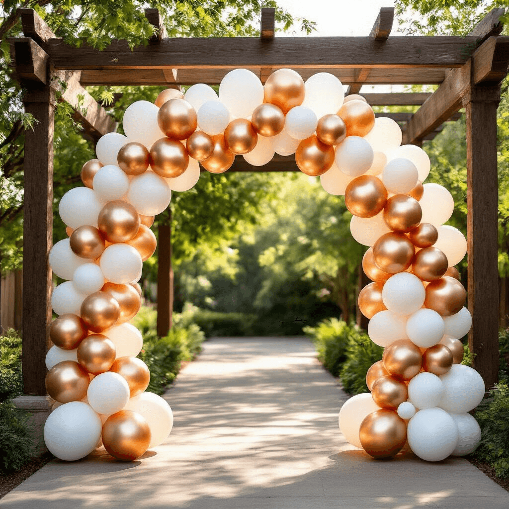 How I Transformed My Party Space with Foil Balloons (And You Can Too) A vibrant balloon arch made of white, gold, and rose gold foil balloons spans a wooden pergola, creating a festive graduation party backdrop, illuminated by warm afternoon sunlight.