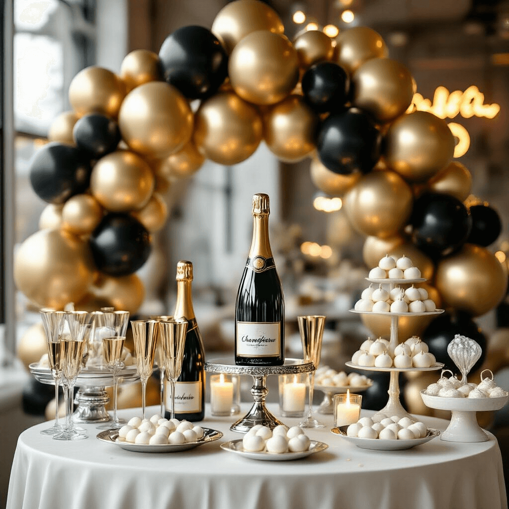 How I Transformed My Party Space with Foil Balloons (And You Can Too) An elegant New Year's Eve dessert table featuring a gold and black foil balloon installation, champagne coupes, silver cake stands, and white chocolate truffles, illuminated by soft candlelight and neon signage in a glamorous setting.