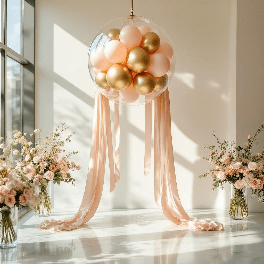 Balloons with Ribbon: Everything You Need to Know About Creating Picture-Perfect Party Decorations Chic birthday party setup featuring an elegant bobo balloon installation with blush and gold balloons, satin ribbons, golden hour sunlight, and floral arrangements against a white minimalist wall.