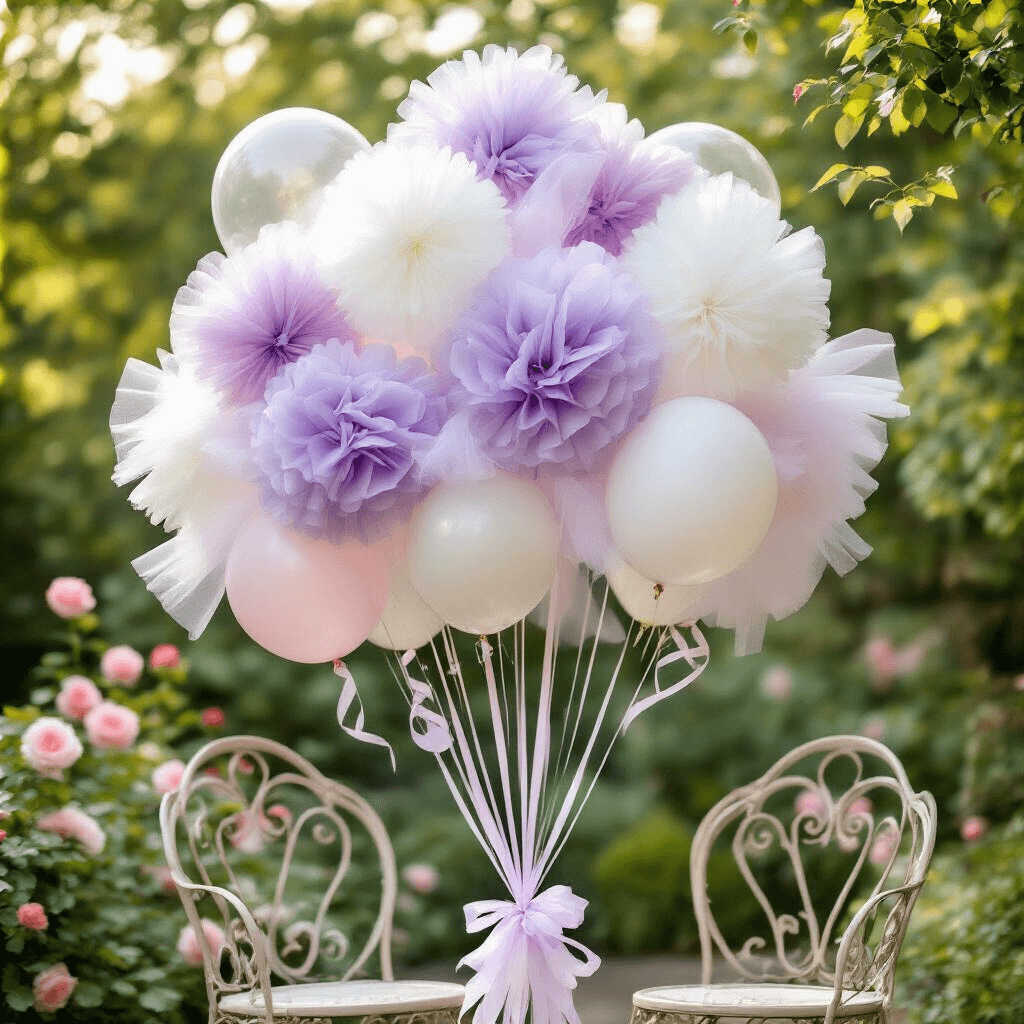 Balloons with Ribbon: Everything You Need to Know About Creating Picture-Perfect Party Decorations Aerial view of a whimsical garden party balloon arrangement with soft lavender and white tulle ribbons, featuring clear bobo balloons and pastel 5-inch interior balloons, surrounded by vintage wrought-iron chairs and lush greenery, illuminated by soft morning light filtering through rose bushes. Curled ribbon tails add playful spirals to the design.