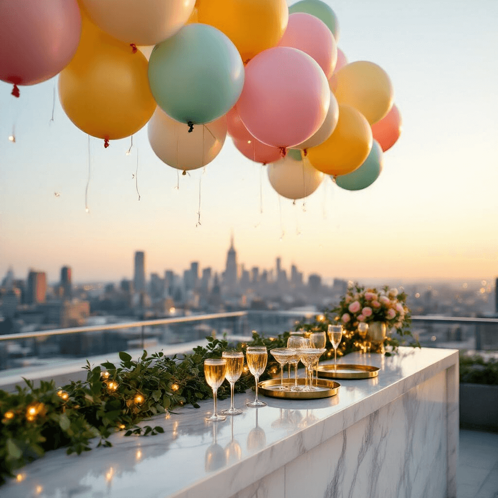 Light Up Balloons: Everything You Need to Know Before Your Next Party A stunning rooftop party at golden hour with 30 color-changing bobo balloons above a modern white marble bar, adorned with soft fairy lights and greenery, glass champagne coupes on gold trays, and a blurred city skyline in the background, captured in a cinematic wide-angle view.