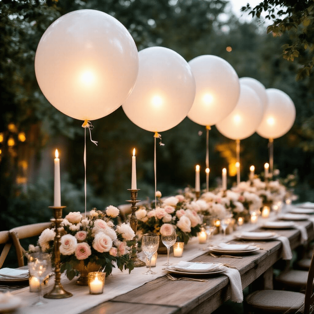 Light Up Balloons: Everything You Need to Know Before Your Next Party An enchanting garden wedding reception featuring illuminated bobo balloons above a rustic wooden table adorned with linen runners, candlelight centerpieces of blush roses and ivory ranunculus, and vintage brass candelabras in a moonlit evening setting with dreamy bokeh effects.