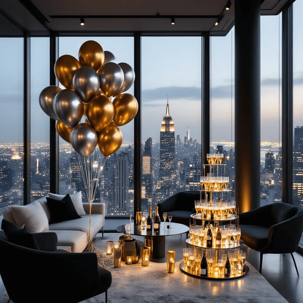 Light Up Balloons: Everything You Need to Know Before Your Next Party An intimate New Year's Eve celebration in a chic downtown loft with metallic silver and gold LED balloons, minimalist black and white decor, a champagne tower with gold-rimmed coupes, and a view of twinkling city lights through floor-to-ceiling windows.