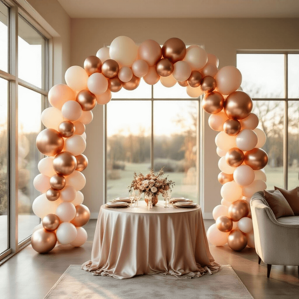 Anniversary Balloon Decoration Ideas That'll Make Your Partner Say "Wow" Photorealistic overhead view of an elegant anniversary balloon arch in a modern living room, featuring metallic rose gold, blush pink, and ivory balloons arranged on a decorating strip, illuminated by soft golden hour light filtering through large windows, enhancing a warm romantic atmosphere with silk table linens and subtle metallic accents.