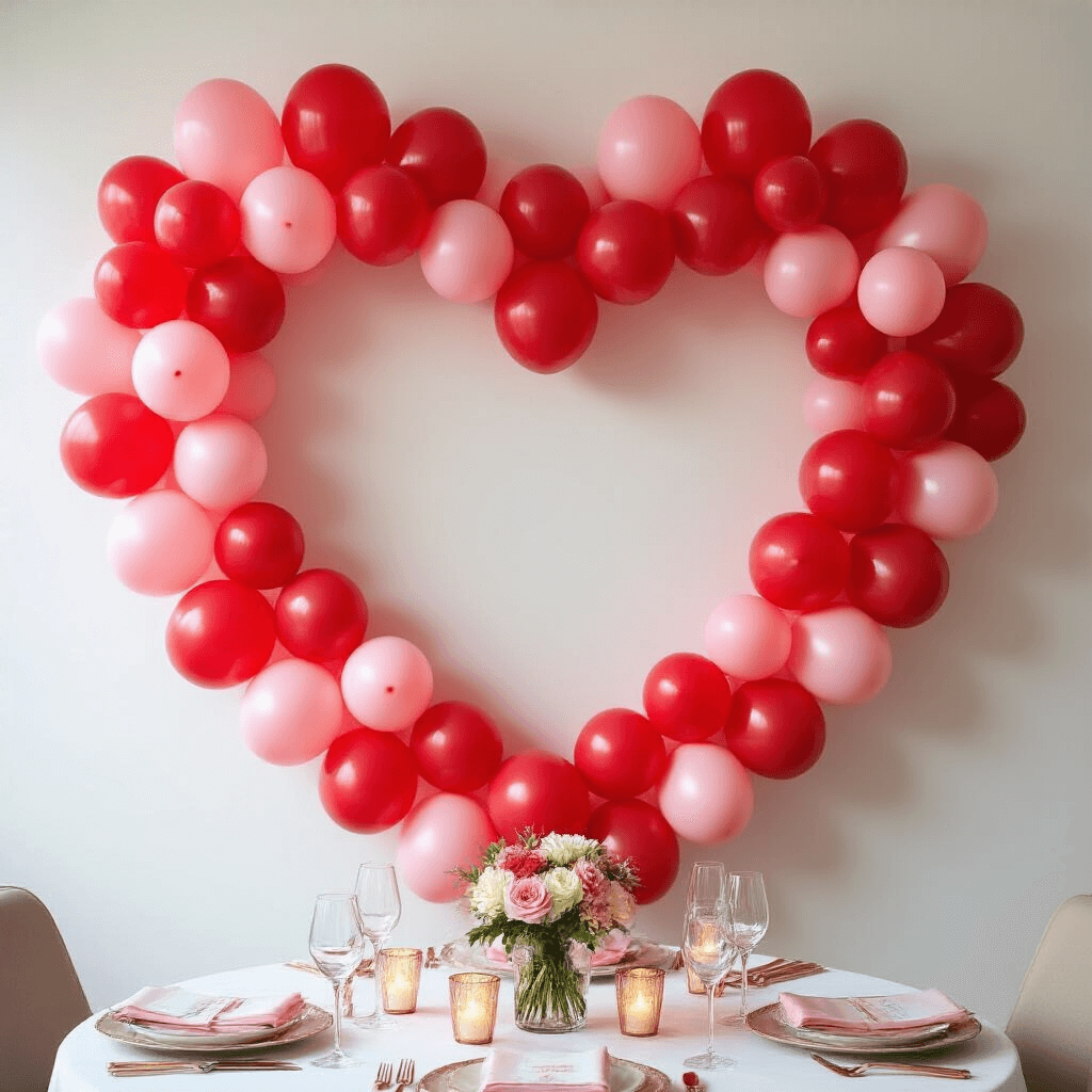 Anniversary Balloon Decoration Ideas That'll Make Your Partner Say "Wow" Cinematic wide-angle view of a romantic heart-shaped balloon wall installation in red and pink balloons against a white wall, with an elegant dining table featuring rose gold cutlery and champagne flutes in the foreground, softly illuminated by candlelight.