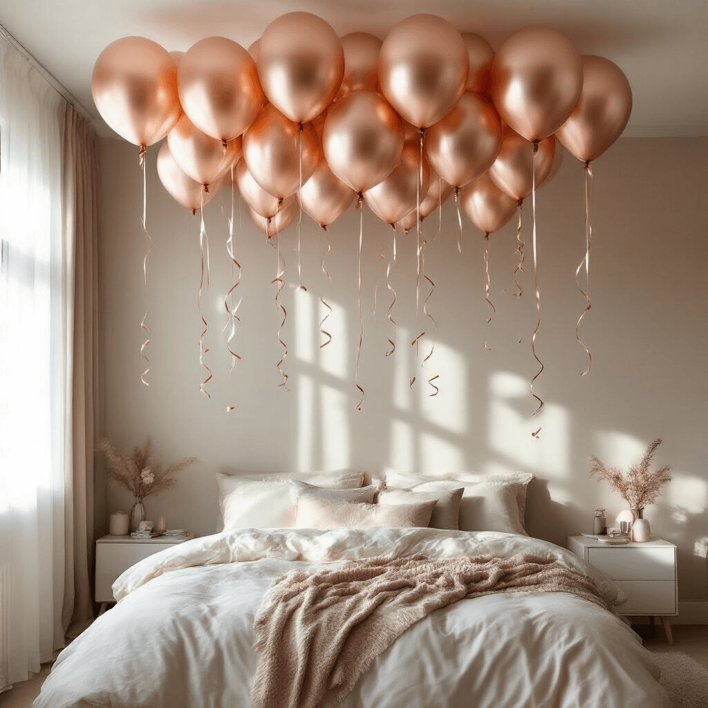 Anniversary Balloon Decoration Ideas That'll Make Your Partner Say "Wow" Luxurious balloon installation in a modern bedroom, featuring metallic rose gold and pearlescent balloons at varying heights with delicate ribbons, illuminated by soft morning light that casts ethereal shadows, creating a dreamy romantic atmosphere.
