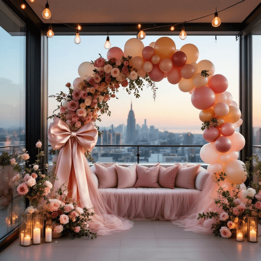 Coquette Balloons: Your Complete Guide to Creating the Perfect Pink Bow Aesthetic Dreamy bachelorette party balloon installation on a chic rooftop terrace featuring a blush, mauve, and cream balloon arch, oversized bow with silk ribbons, fresh garden roses, soft evening lighting, and a tulle-draped seating area against an urban skyline backdrop.