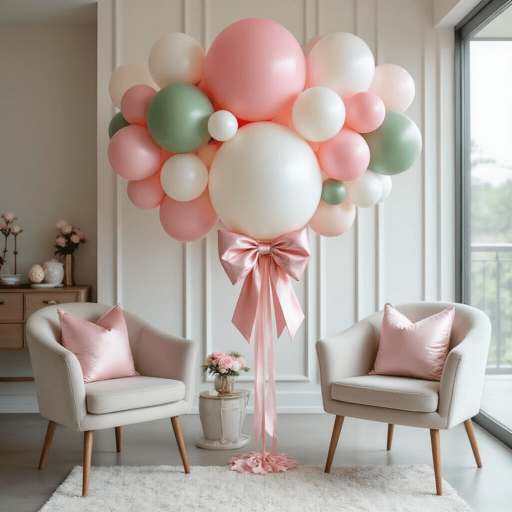 Coquette Balloons: Your Complete Guide to Creating the Perfect Pink Bow Aesthetic Intimate Sweet Sixteen celebration featuring a geometric balloon cluster in pink, white, and sage green, with a large 36-inch jumbo balloon and satin bow as the centerpiece, set in a contemporary living space with minimalist furniture and soft daylight illuminating the scene.