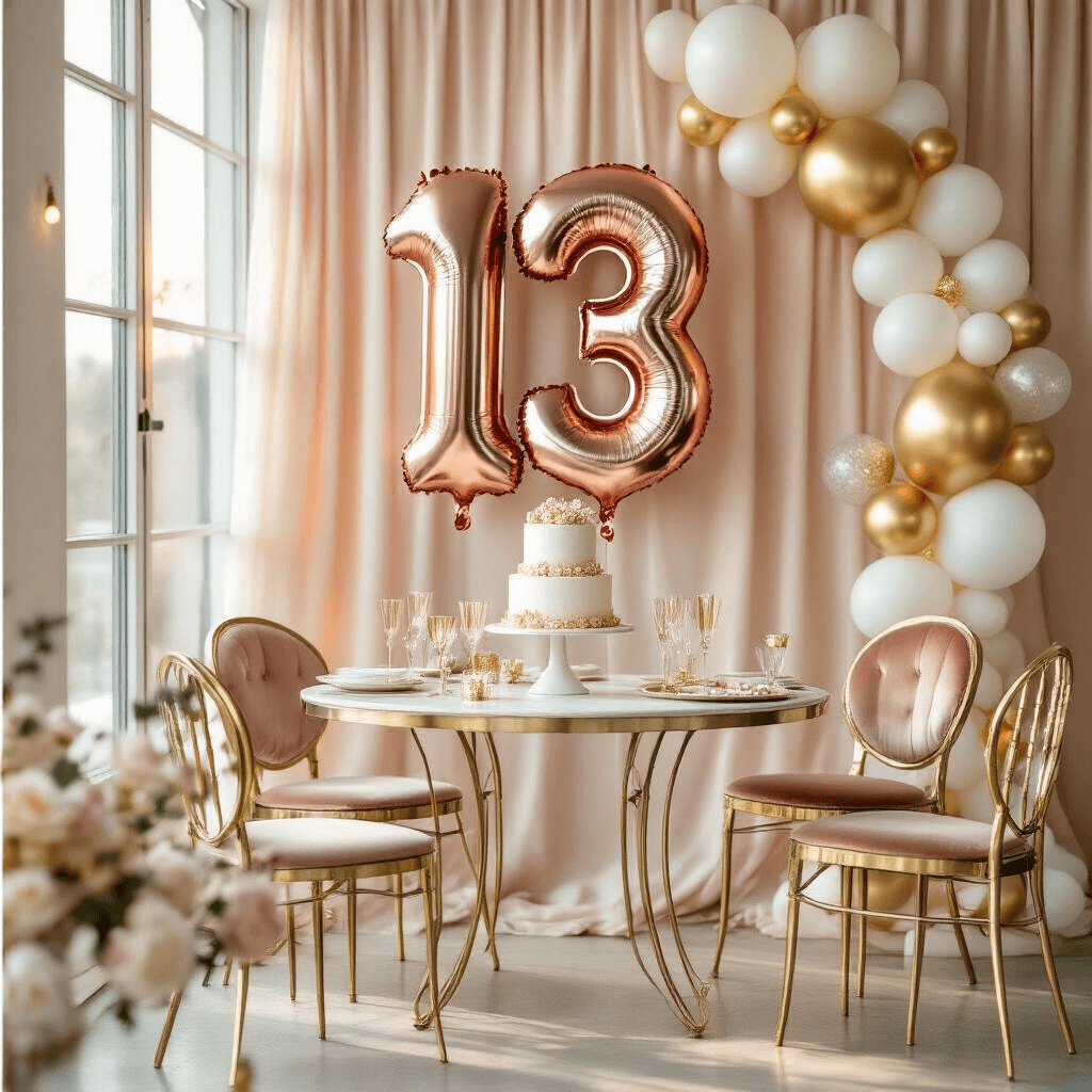 Number 13 Foil Mylar Balloons: Everything You Need to Know for Your Big Celebration A sophisticated birthday party setup for a 13th birthday featuring a rose gold number 13 foil balloon against a blush backdrop, surrounded by white and gold latex balloons, metallic gold chairs, a minimalist three-tier cake on a dessert table, soft golden hour light, fairy lights, and crystal champagne glasses.