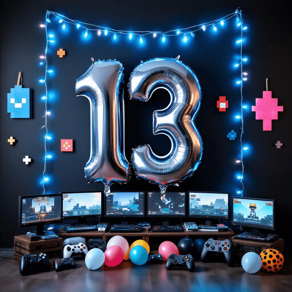 Number 13 Foil Mylar Balloons: Everything You Need to Know for Your Big Celebration A festive gaming-themed celebration featuring a silver number 13 mylar balloon on a wall adorned with pixel-art graphics, surrounded by vintage video game controllers, electric blue neon LED string lights, and geometric decor. A custom gaming setup with multiple monitors stands against dark charcoal walls, while scattered controller-shaped balloons and tech-inspired centerpieces enhance the playful atmosphere.