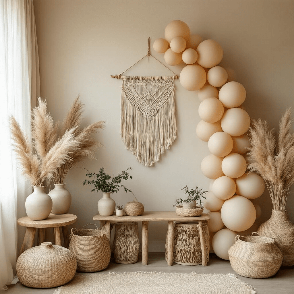 Beige Balloons: The Understated Hero Your Elegant Event Needs A boho-chic baby shower scene featuring matte beige balloons, macramé wall hangings, and pampas grass, complemented by natural wood side tables and woven baskets. Soft morning light filters through sheer linen curtains, highlighting a neutral color palette of warm taupe and cream. Handcrafted ceramic vases with minimal green plants are arranged in an organic, understated style, captured from an overhead flat lay perspective.