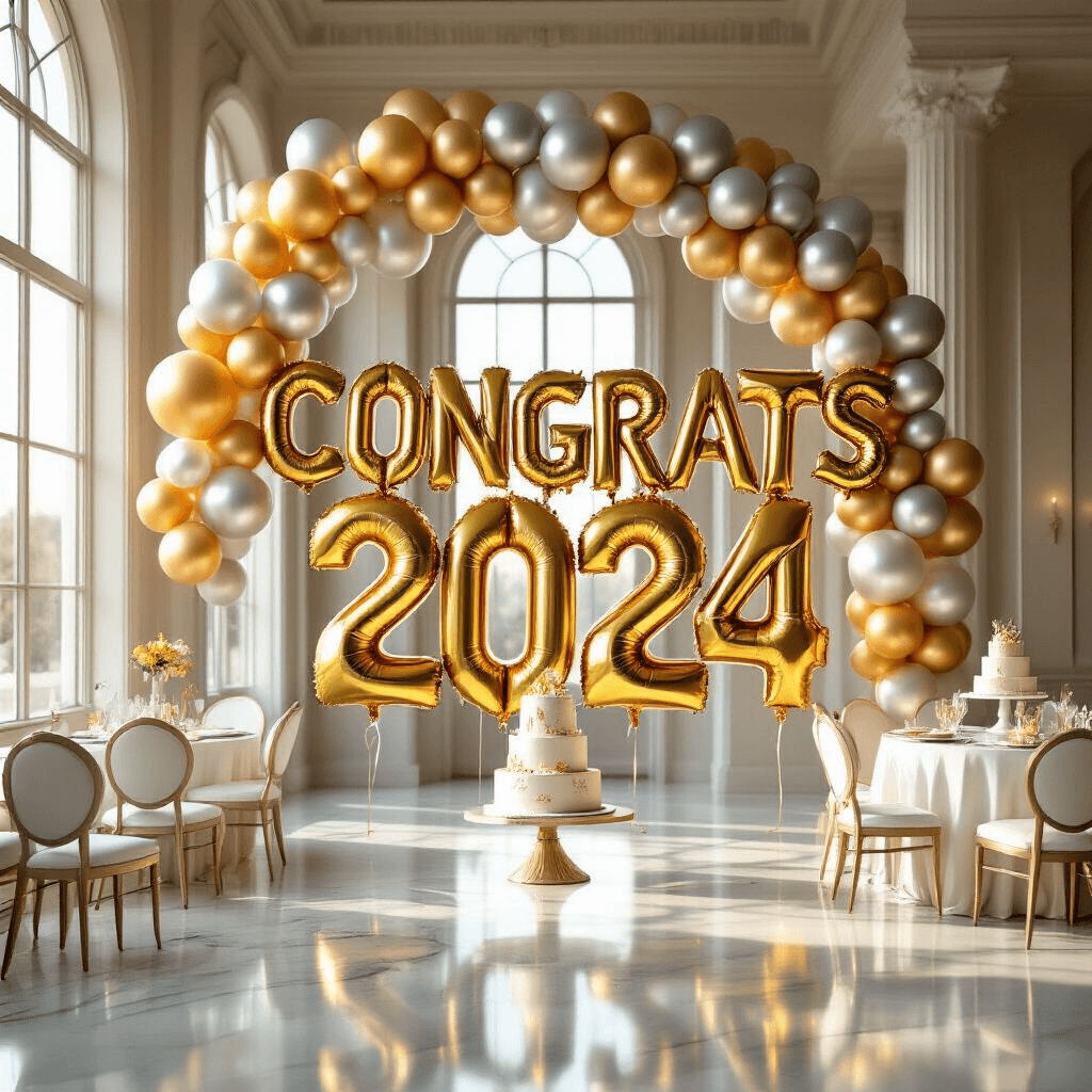 Congratulations Balloons: Everything You Need to Make Their Big Moment Pop Photorealistic graduation celebration scene in an elegant ballroom with high ceilings, featuring metallic gold and silver balloons spelling 'CONGRATS 2024', soft golden hour lighting, polished marble floors, white chairs with gold accents, and a sleek dessert table with a minimalist cake adorned with holographic accents.