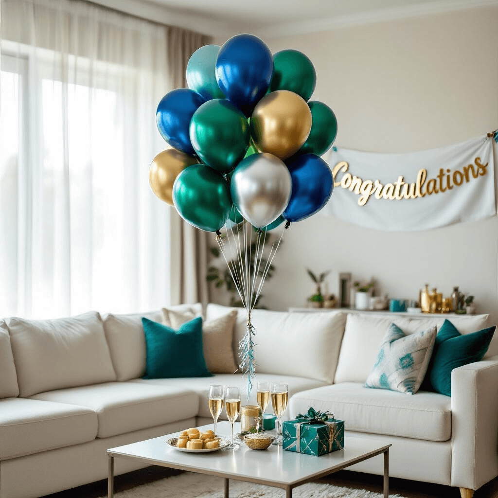 Congratulations Balloons: Everything You Need to Make Their Big Moment Pop A vibrant living room decorated for a milestone achievement party, featuring a balloon bouquet in jewel tones above a modern sectional sofa, with soft daylight streaming through sheer curtains and a 'CONGRATULATIONS' banner in the background, complemented by scattered gifts and champagne glasses.