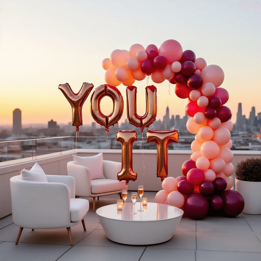 Congratulations Balloons: Everything You Need to Make Their Big Moment Pop A rooftop terrace celebration at golden hour with an ombré balloon installation in blush pink and deep burgundy, oversized 'YOU DID IT' mylar balloons, modern white furniture, fairy lights, and a glass of champagne reflecting the sunset against a soft-focus city skyline.