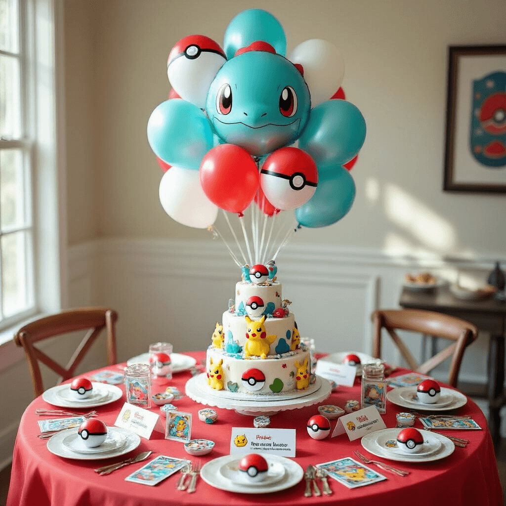 Pokemon Balloons: Everything You Need to Know About Decorating Your Party With These Pocket Monsters Overhead photo of a Pokemon-themed birthday party table, featuring a red and white Pokeball tablecloth, a large foil Squirtle balloon centerpiece, aqua and white latex balloons, elegant place settings with name cards, scattered trading cards, Pokeball party favors, and a tiered cake decorated with fondant Pokemon characters, all in soft natural light.