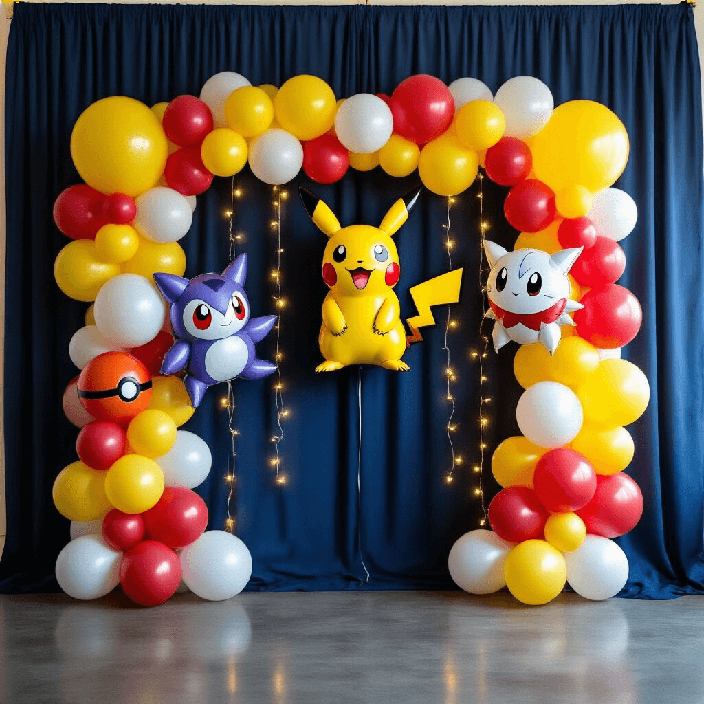 Pokemon Balloons: Everything You Need to Know About Decorating Your Party With These Pocket Monsters A vibrant party backdrop featuring a navy blue fabric wall adorned with a colorful balloon installation representing various Pokémon types, large character balloons of Pikachu, Gengar, and Eevee, intricate balloon garland, fairy lights for a magical glow, and an open area for photo opportunities.