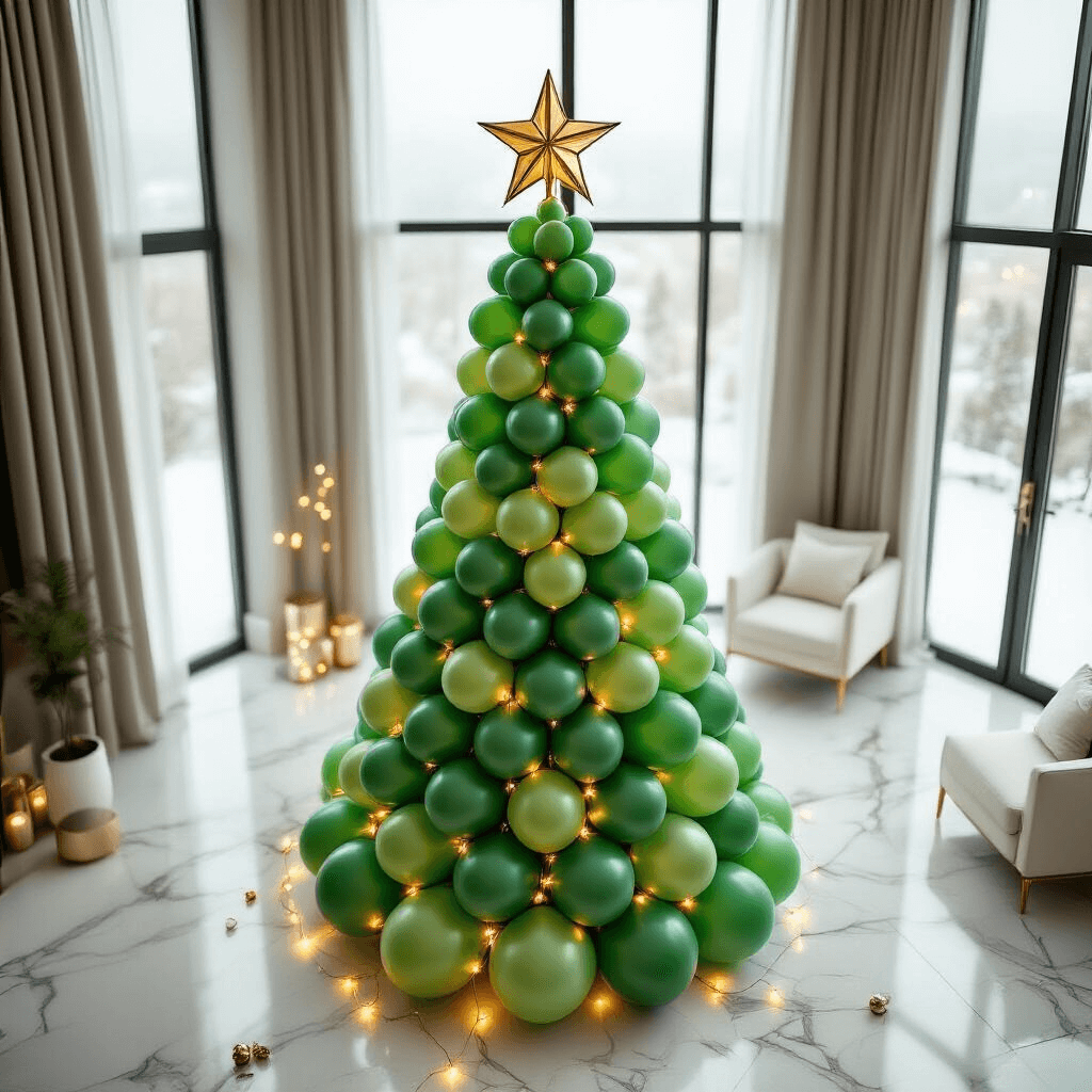 How to Build a Stunning Balloon Christmas Tree That'll Make Your Neighbors Jealous Photorealistic overhead view of a six-foot elegant balloon Christmas tree in a modern living room, featuring gradient green latex balloons, golden fairy lights, minimalist white furniture, and a brushed gold star topper.