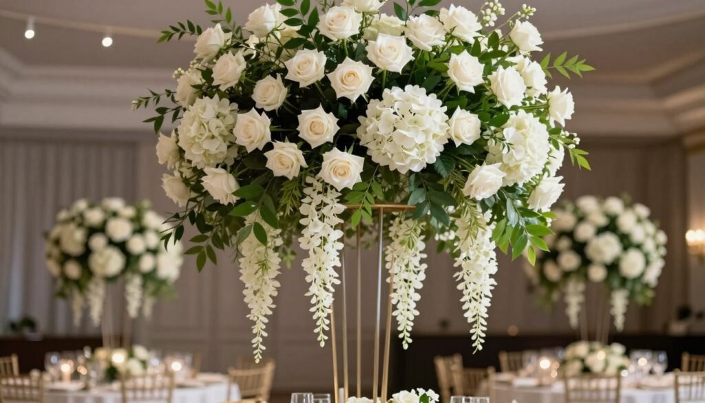 Botanical chandelier made entirely of white flowers and greenery hanging over reception tables Botanical chandelier made entirely of white flowers and greenery hanging over reception tables