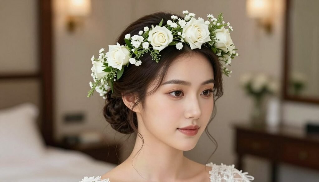 Bride wearing delicate floral crown made of white flowers and greenery Bride wearing delicate floral crown made of white flowers and greenery