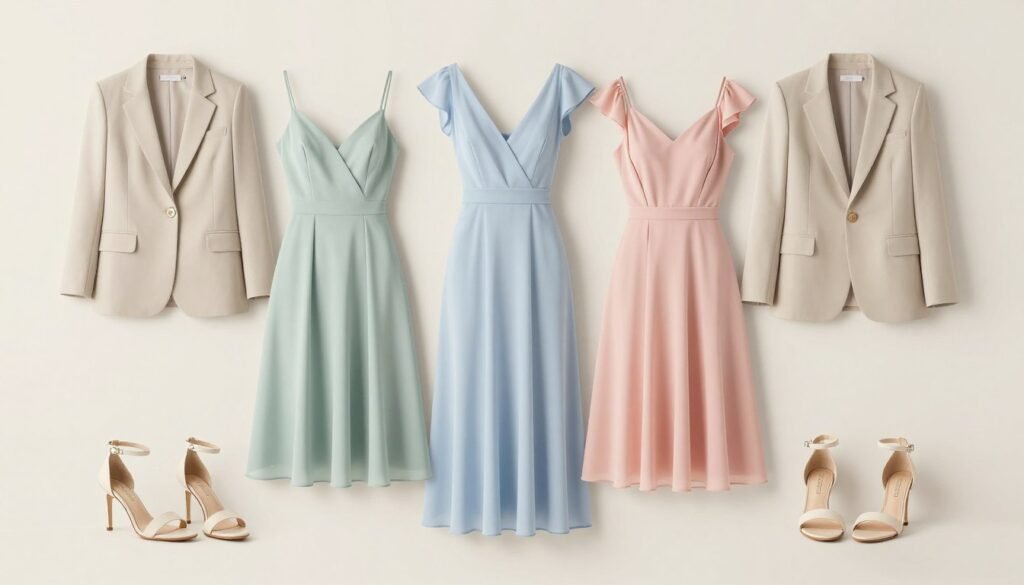 Collection of spring wedding guest outfits in pastel colors Collection of spring wedding guest outfits in pastel colors