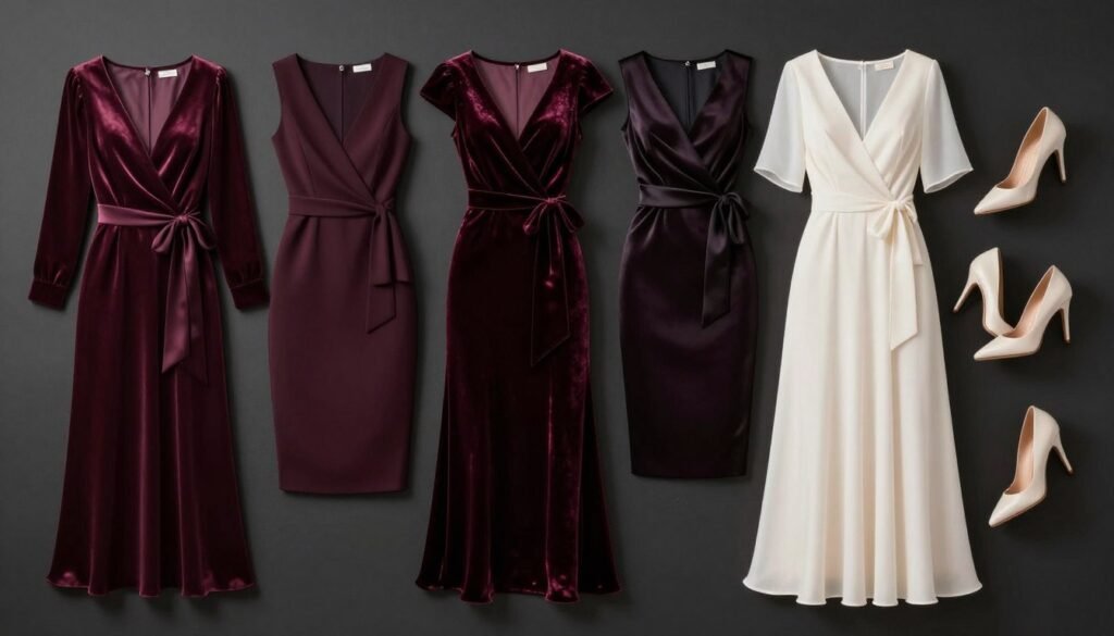 Collection of winter wedding guest outfits in deep colors with luxe fabrics Collection of winter wedding guest outfits in deep colors with luxe fabrics