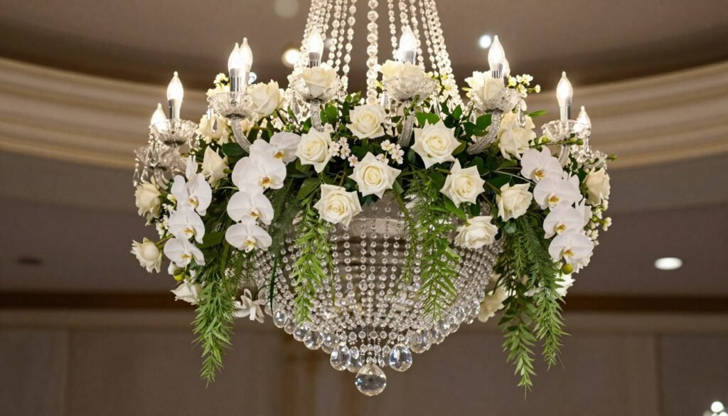 Crystal chandelier adorned with fresh white roses and greenery Crystal chandelier adorned with fresh white roses and greenery