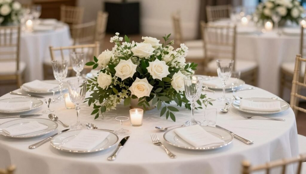 Elegant white linen table with soft green and white floral centerpieces Elegant white linen table with soft green and white floral centerpieces