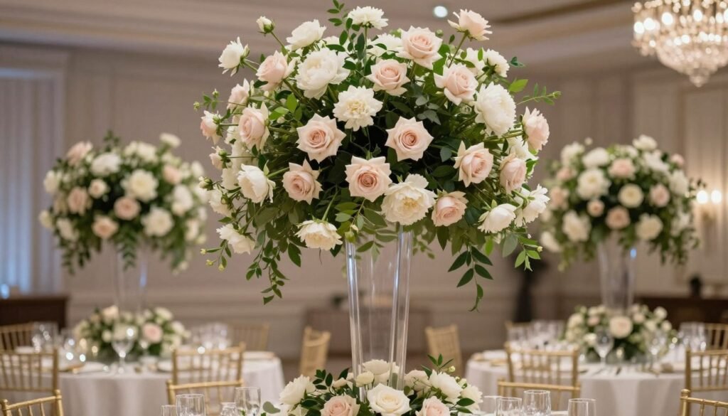 Floating garden installation with white and blush flowers suspended above wedding tables Floating garden installation with white and blush flowers suspended above wedding tables