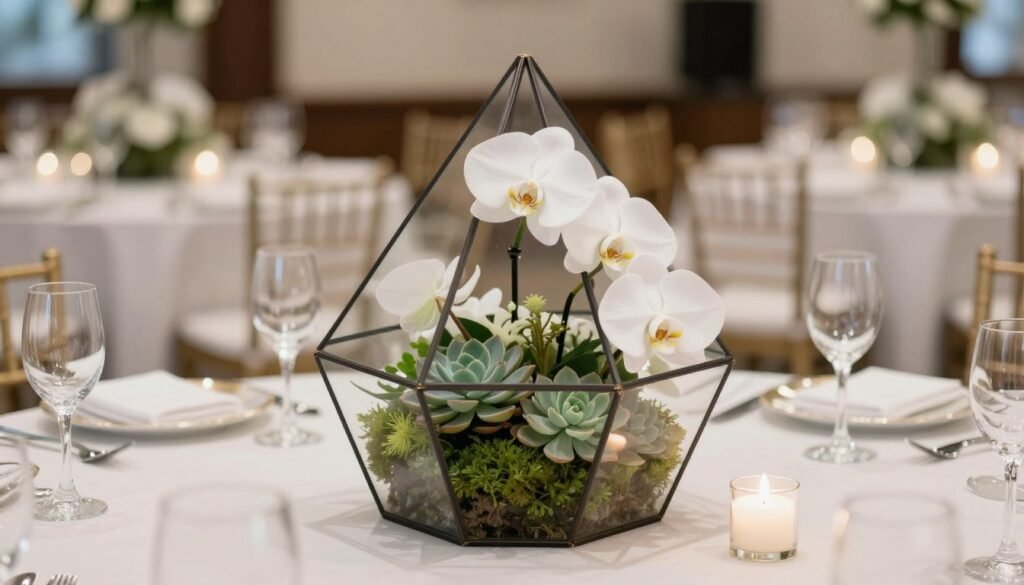 Geometric glass terrarium centerpieces with white orchids and moss Geometric glass terrarium centerpieces with white orchids and moss