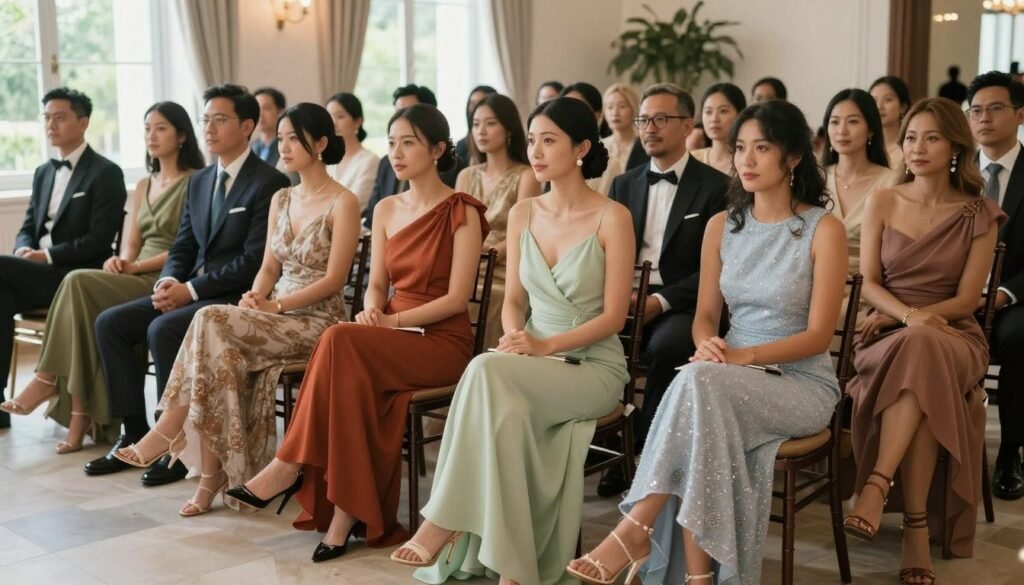 Group of stylishly dressed wedding guests at an elegant venue Group of stylishly dressed wedding guests at an elegant venue