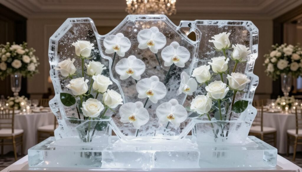 Ice sculpture with white roses and orchids frozen inside for luxury wedding Ice sculpture with white roses and orchids frozen inside for luxury wedding