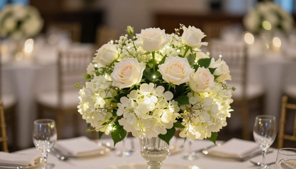 Illuminated floral centerpiece with white flowers and hidden LED lights Illuminated floral centerpiece with white flowers and hidden LED lights