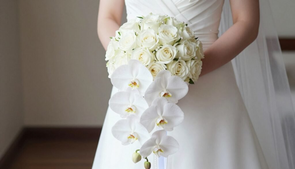 Luxury cascading bridal bouquet with white orchids, roses and pearl accents Luxury cascading bridal bouquet with white orchids, roses and pearl accents