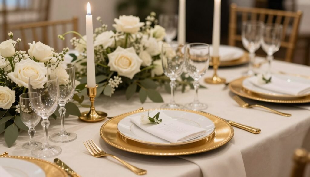 Luxury table setting with gold accents, crystal glassware and candlelight Luxury table setting with gold accents, crystal glassware and candlelight