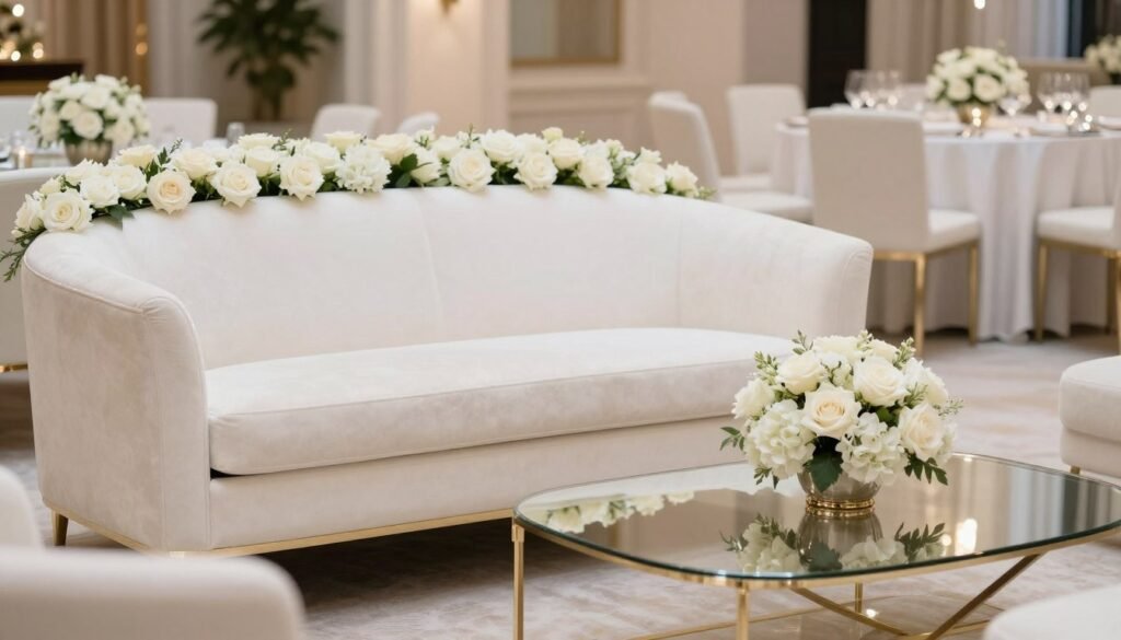 Luxury wedding lounge area with white sofa adorned with fresh flowers Luxury wedding lounge area with white sofa adorned with fresh flowers