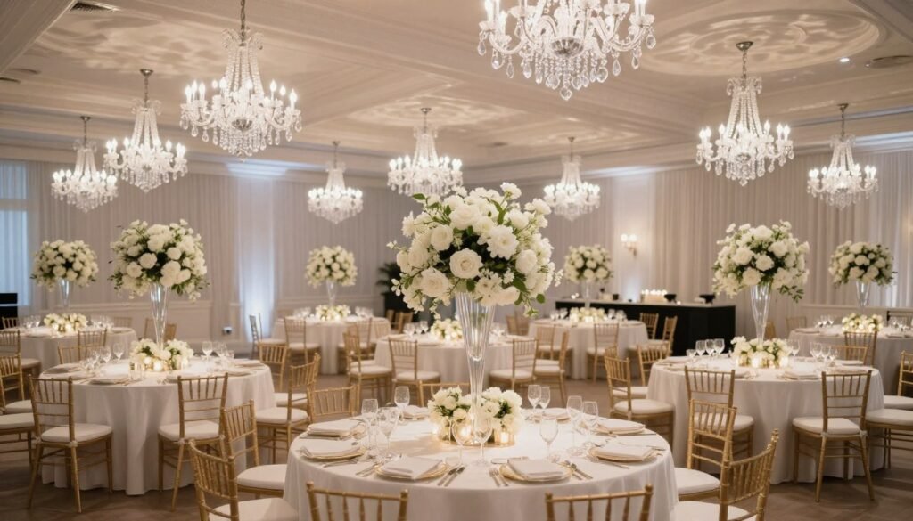 Luxury wedding reception with multiple elegantly decorated round tables featuring tall centerpieces Luxury wedding reception with multiple elegantly decorated round tables featuring tall centerpieces